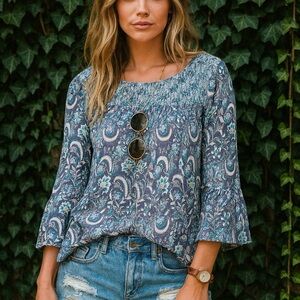 LUCKY BRAND Mixed Print Smocked Jersey Knit Top XS
